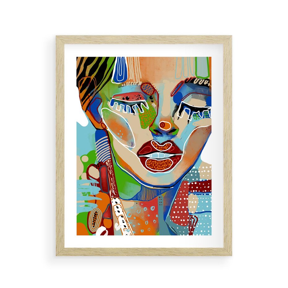Plakat w ramie 40x50 - Kolorowe Formy - abstrakcyjny portret kobiety, twarz - rama drewno