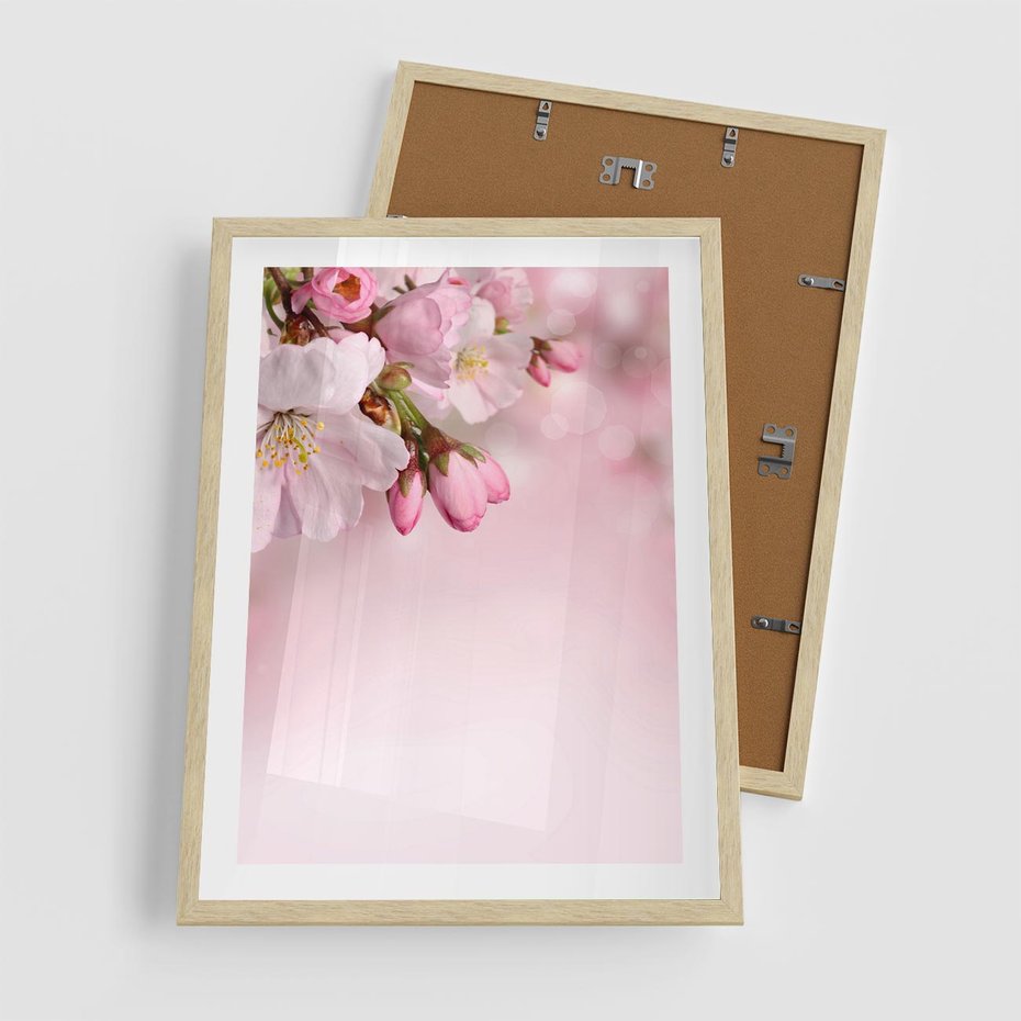 Plakat w ramie 50x70 - Kwitnąca wiśnia: delikatność natury - kwitnąca, wiśnia - rama drewno