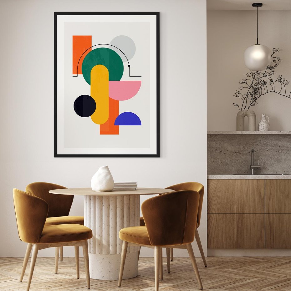 Plakat w ramie 30x40 - Harmonijne Przenikanie Form - nowoczesna sztuka, geometryczna kolorowa grafika - rama czarna