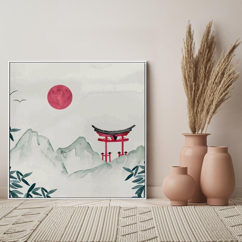 Obraz w ramie 80x80 - Słońce nad Górami - japoński krajobraz, góry - rama biała