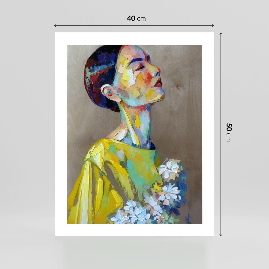 Plakat bez ramy 40x50 - W Żółtej Sukience - olejny abstrakcyjny obraz, portret kobiety w żółtej sukience