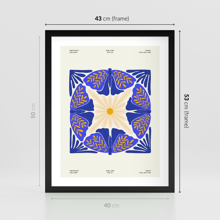 Plakat w ramie 40x50 - Księga Abstrakcji - abstrakcyjna boho kompozycja, granatowe ćmy - rama czarna