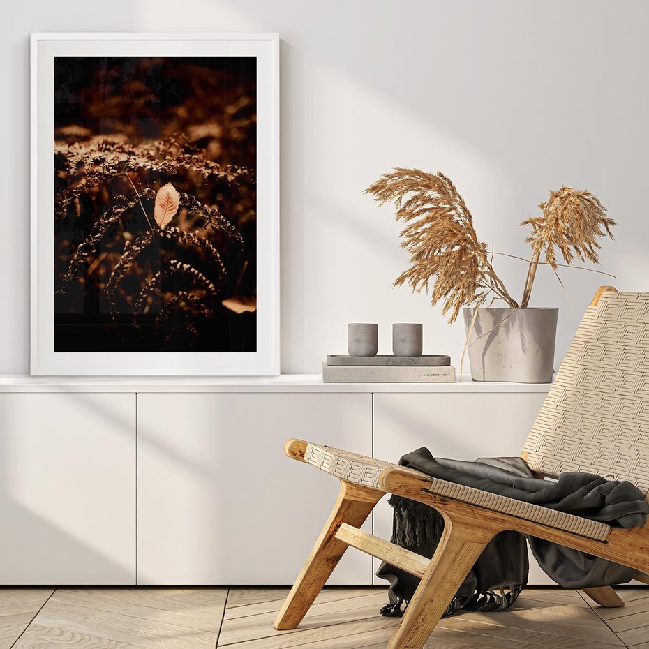 Plakat bez ramy 40x50 - Gałęzie i Liść w Brązowej Tonacji - suche gałęzie, liść