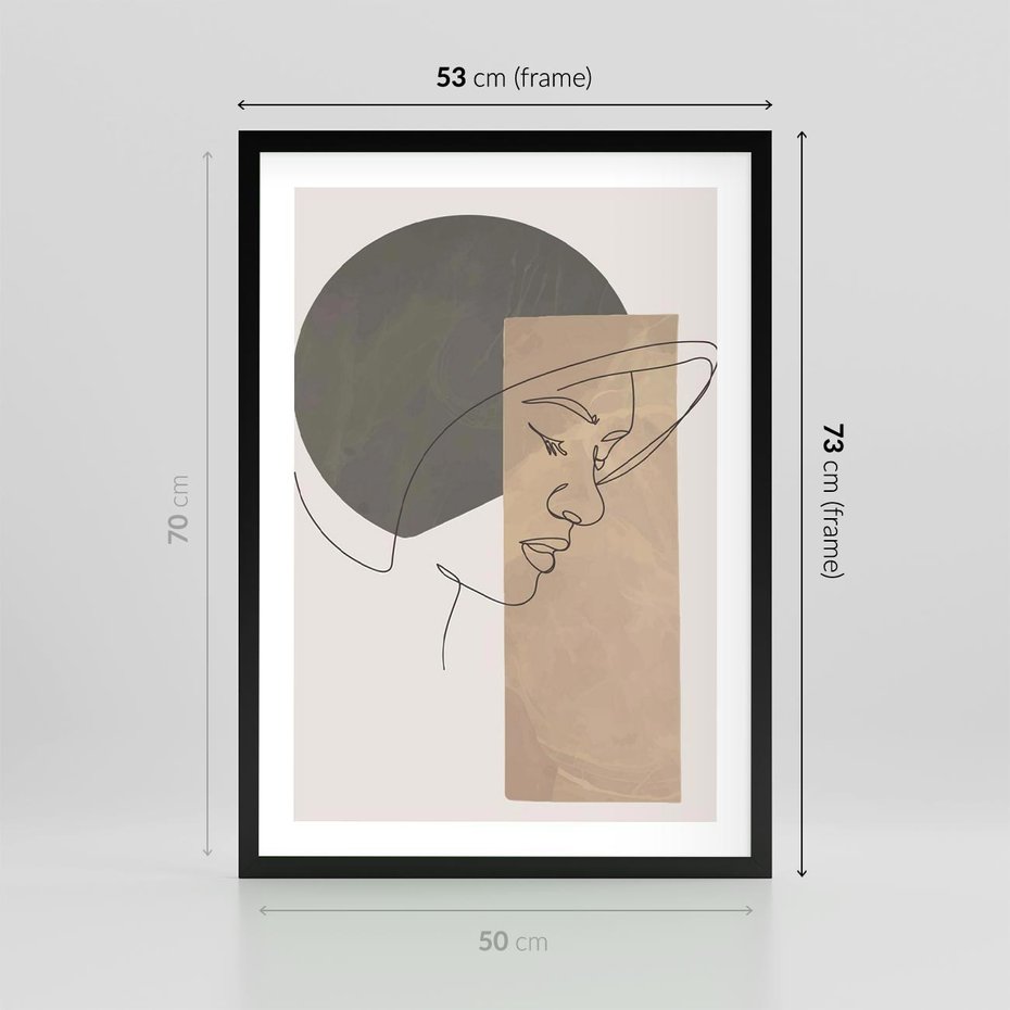 Plakat w ramie 50x70 - Jedną Linią: Kobieca Twarz - abstrakcja, plamy w tle - rama czarna