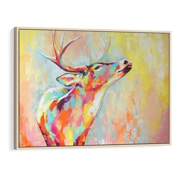 Obraz w ramie 120x80 - Impresje snów malarza - kolorowy olejny obraz, jeleń ryczący na rykowisku - rama drewno