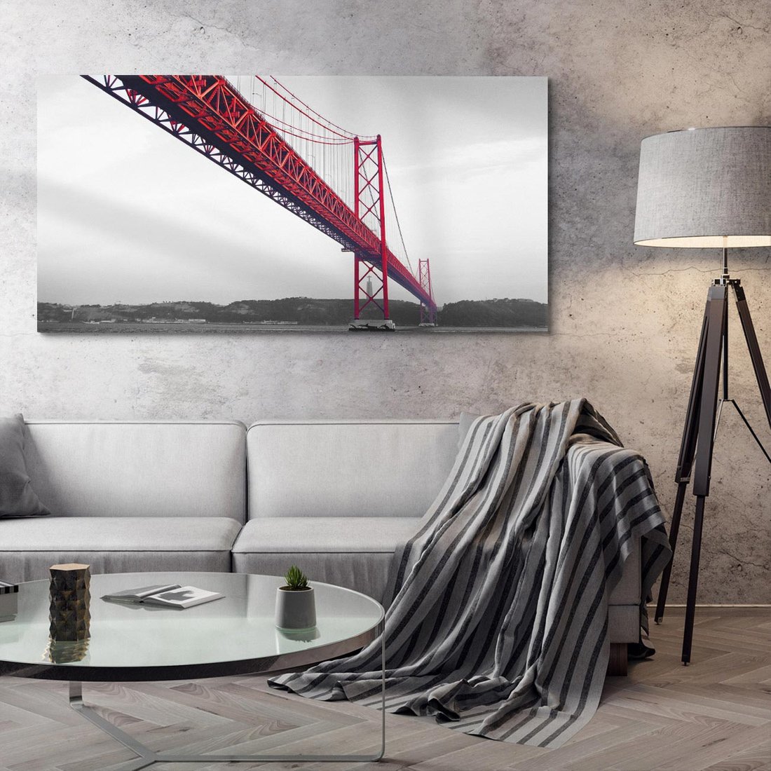 Obraz na płótnie 120x60 - Majestatyczny Most - czarno biała fotografia, czerwony stalowy most nad rzeką
