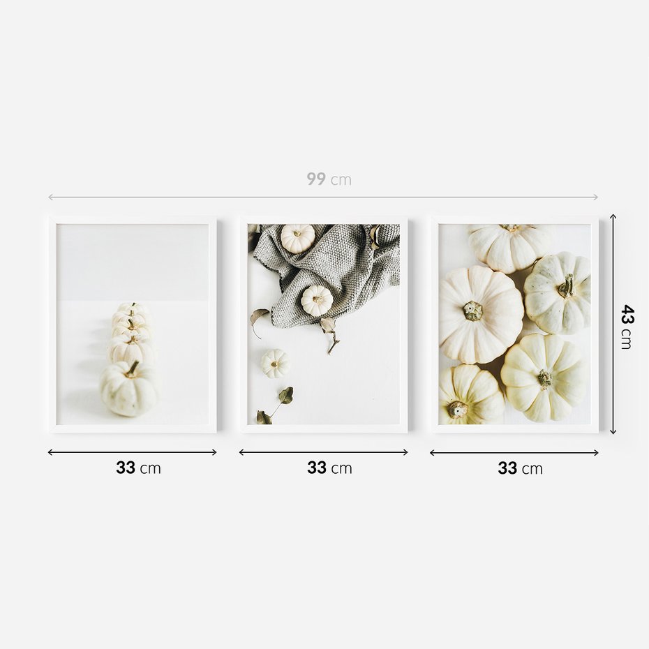Zestaw obrazy w ramie 30x40 galeria - Białe, dynie, minimalizm - rama biała