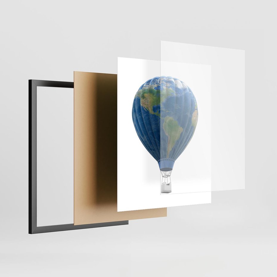 Plakat w ramie 40x50 - Podróżniczy balon nad ziemią - balon, ziemia - rama czarna