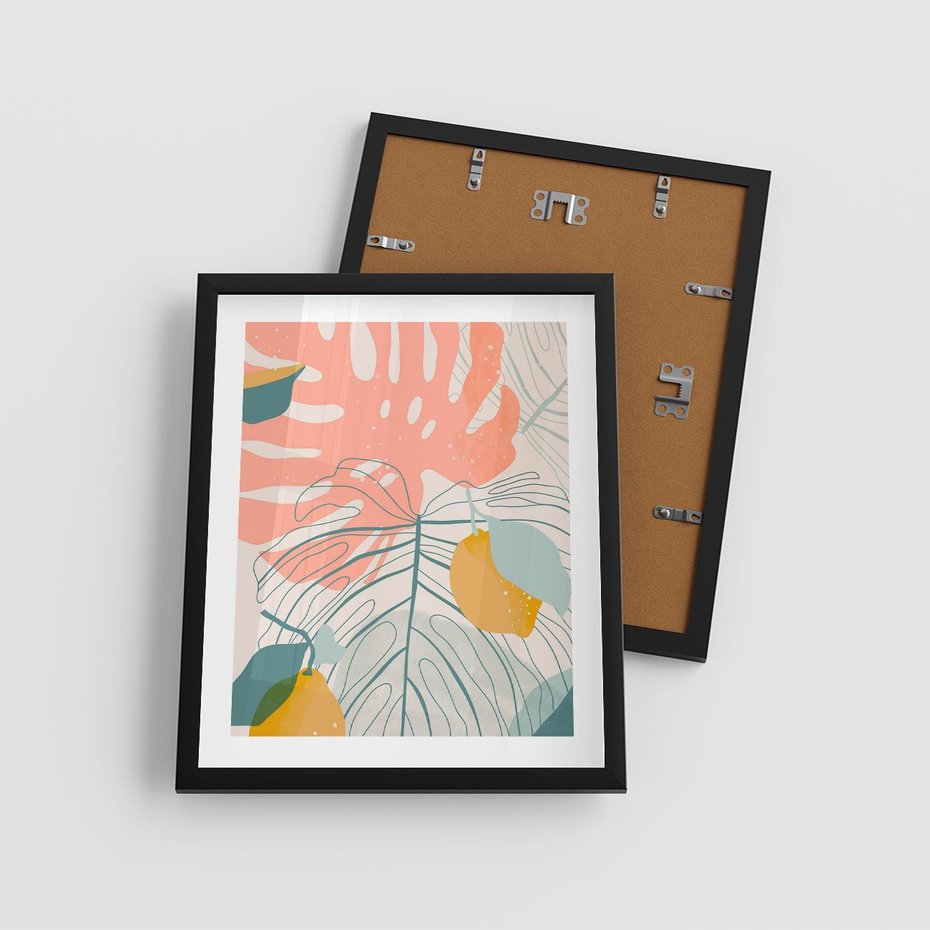 Plakat w ramie 40x50 - Sztuka Natury: Liście Monstery w Pastelach - nowoczesna grafika, pastelowe liście monstery - rama czarna