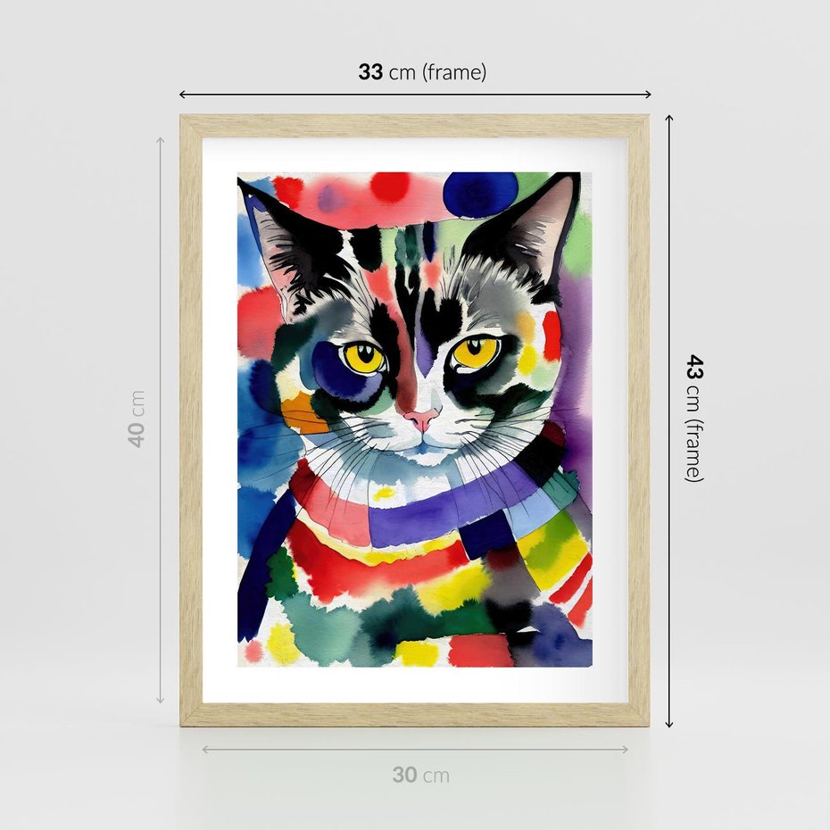 Plakat w ramie 30x40 - Koci Przyjaciel - abstrakcyjny obraz, akwarela - rama drewno