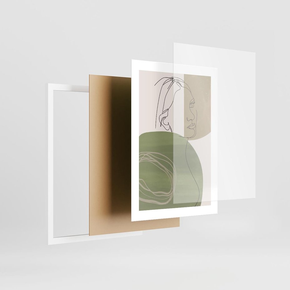 Plakat w ramie 30x40 - Jedna Linia, Wiele Emocji - akwarelowe plamy, na nich szkic postaci kobiety jedną linią - rama biała