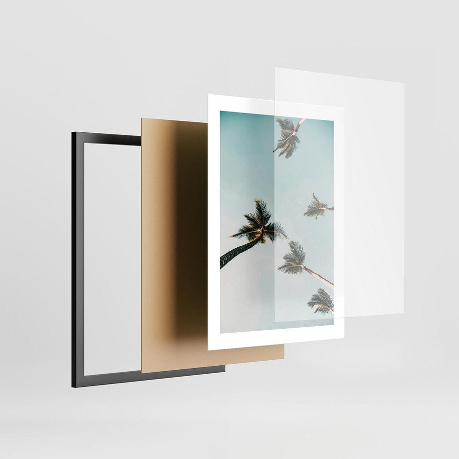 Plakat w ramie 30x40 - Palmy i Niebo - palmy, ujęcie z dołu - rama czarna