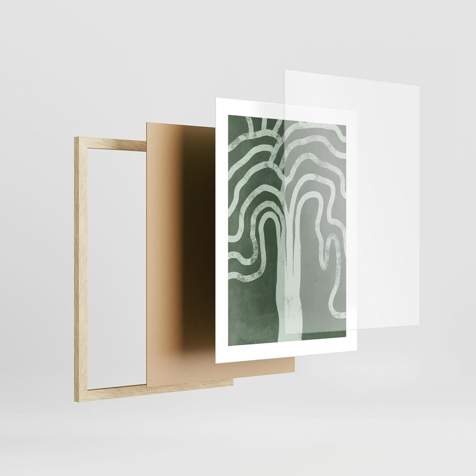 Plakat w ramie 30x40 - Inspirujące Zawiłości Zieleni - abstrakcyjny kształt, zielony plakat - rama drewno