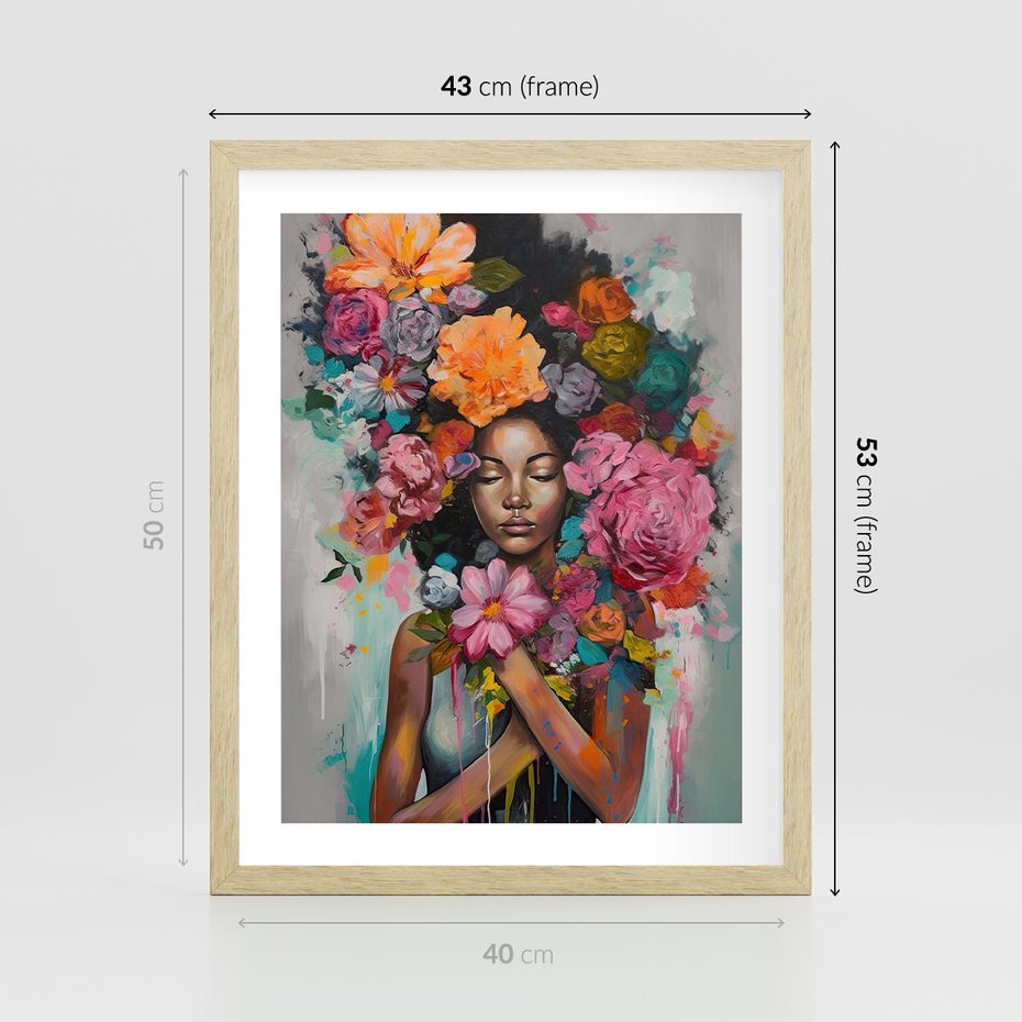 Plakat w ramie 40x50 - Z Głową w Kwiatach - obraz olejny, sztuka nowoczesna - rama drewno