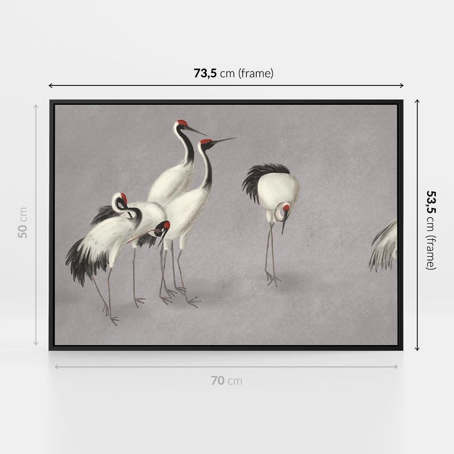 Obraz w ramie 70x50 - Spojrzenie wstecz w pędzlu - szkic rysunek, japońskie żurawie - rama czarna