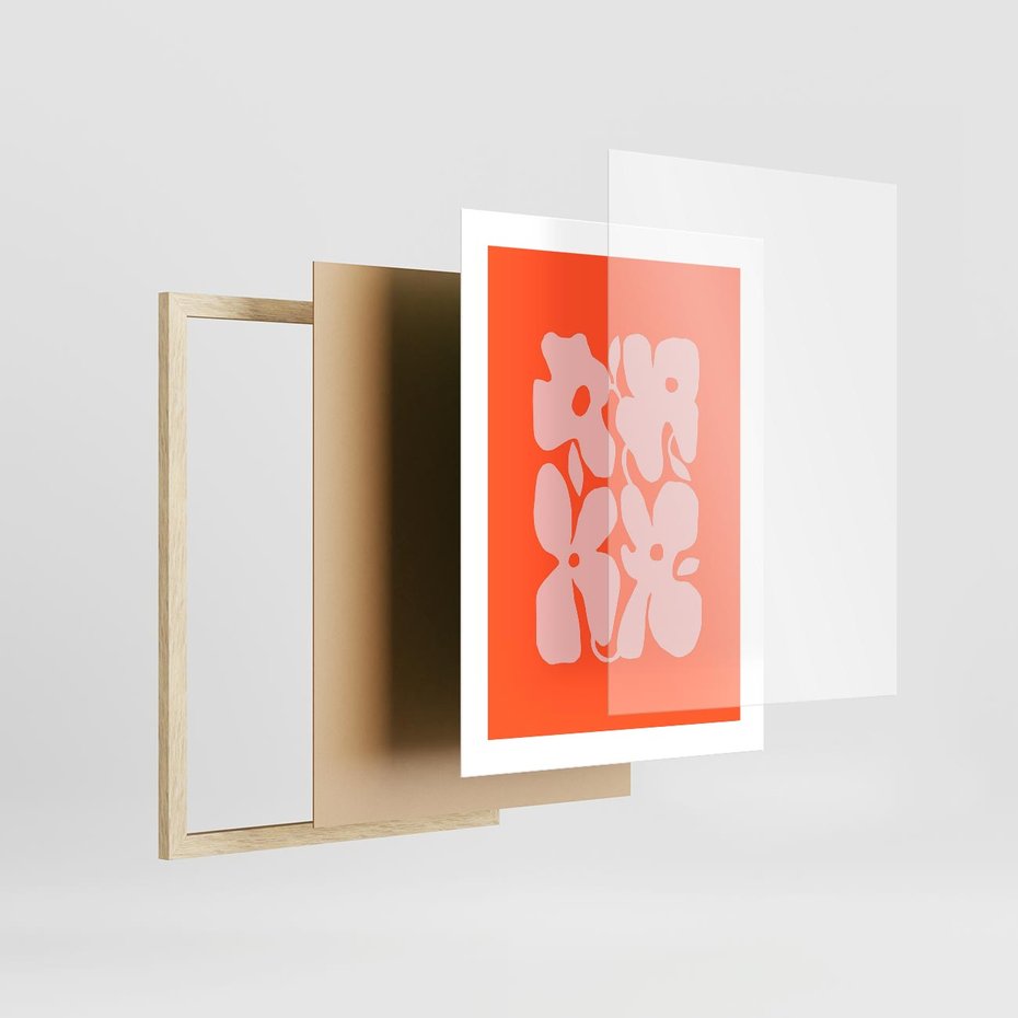 Plakat w ramie 30x40 - Taniec Abstrakcji - kwiaty, energetyczne pomarańczowe tłó - rama drewno