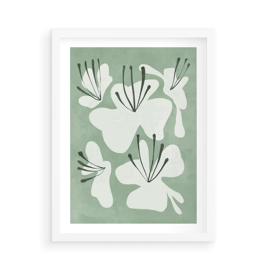 Plakat w ramie 50x70 - Rozkwitające Ukojenie - zgaszona zieleń, kwiaty - rama biała