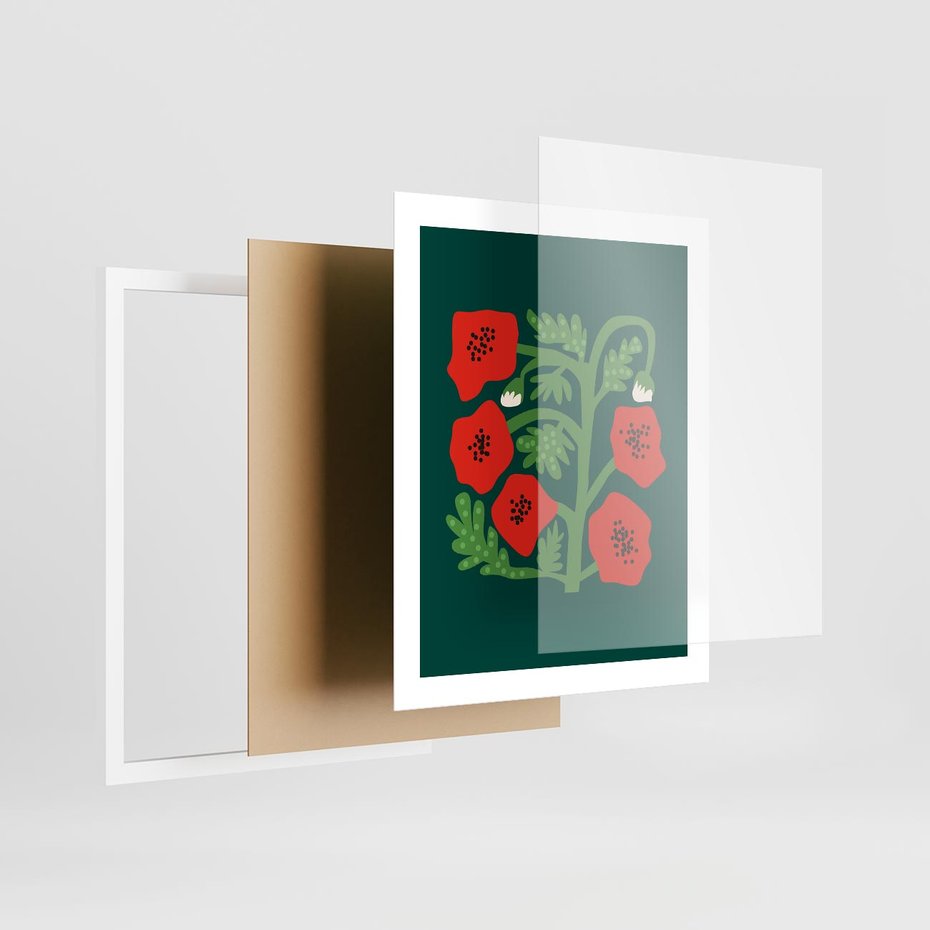 Plakat w ramie 40x50 - Księga Odbić - abstrakcyjna kwiatowa kompozycja, zielone mocne tło - rama biała