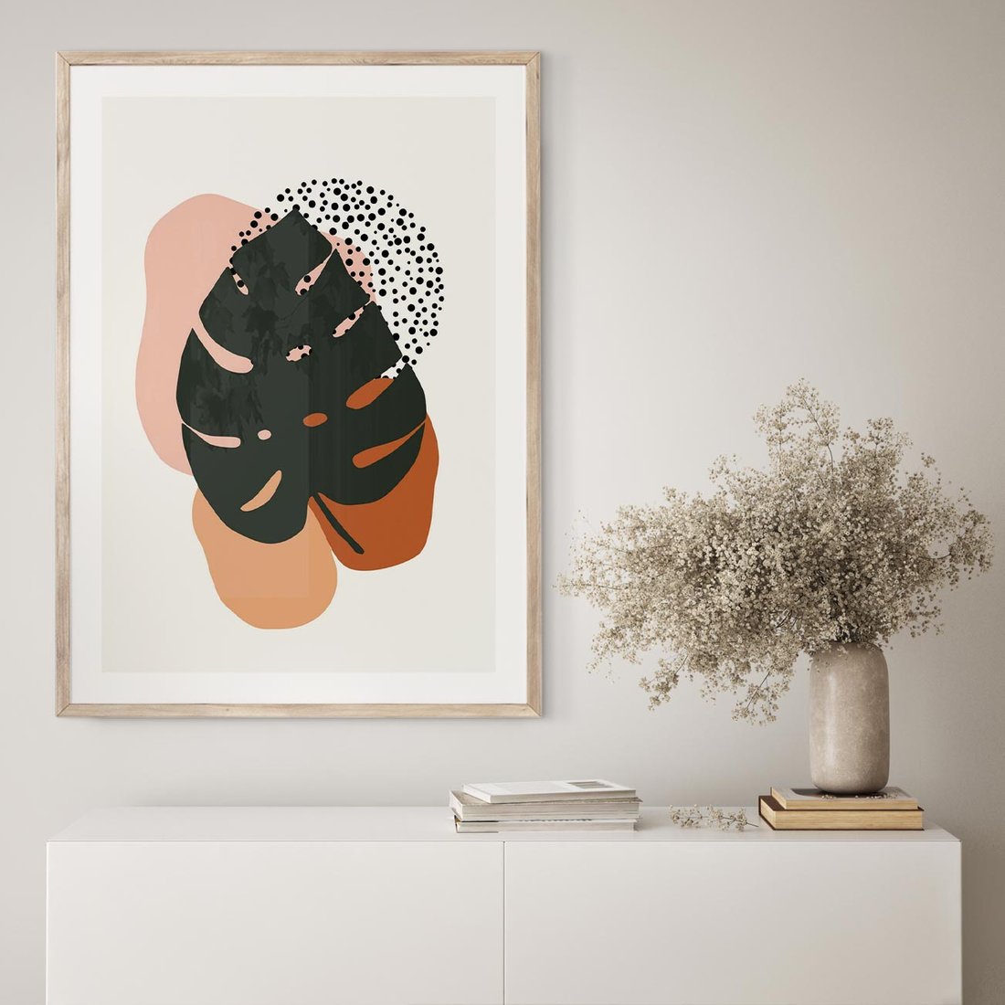 Plakat w ramie 30x40 - Minimalizm w Liściach Monstery: Plamy i Kropki - minimalizm, monstera plamy - rama drewno