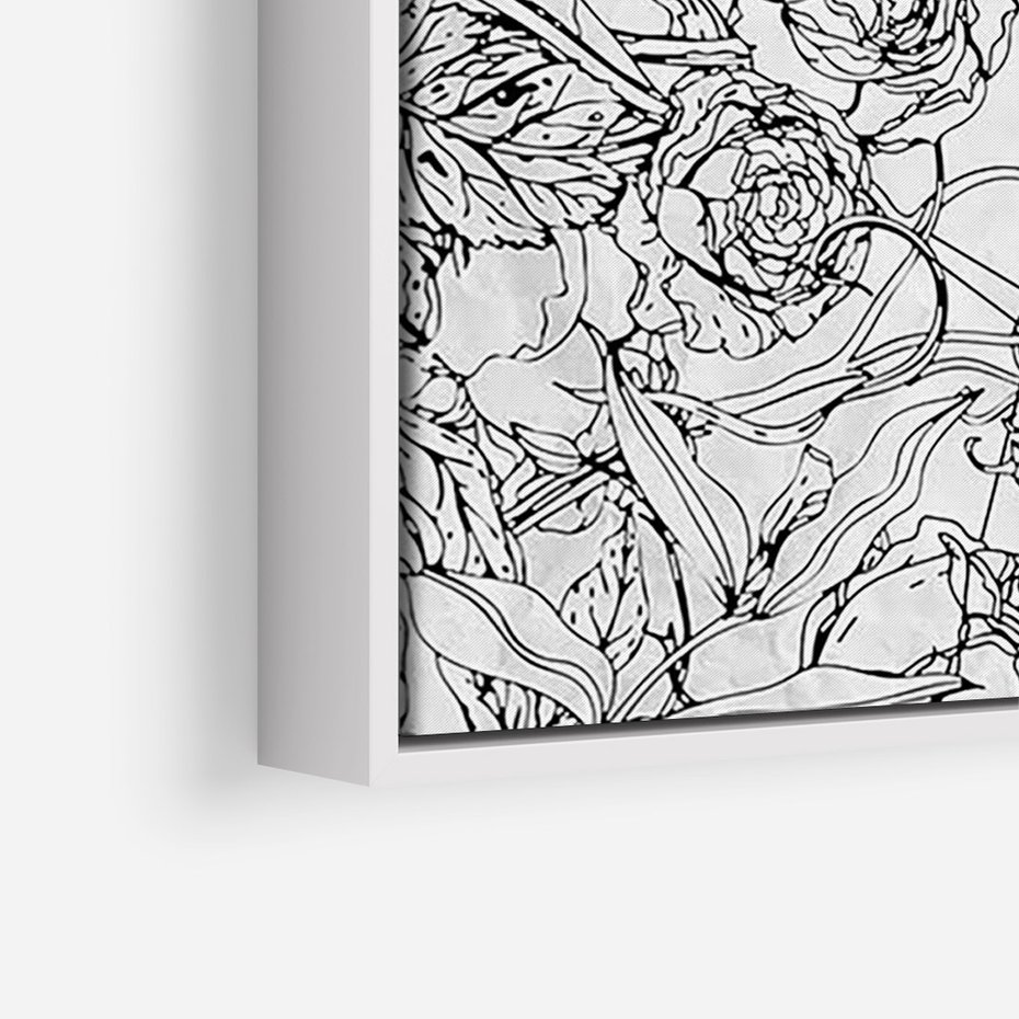 Obraz w ramie 80x120 - Refleksje w martwym punkcie - graficzny szkic, kompozycja kwiatów - rama biała