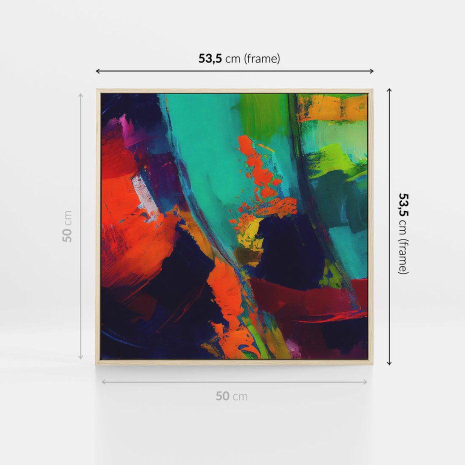 Obraz w ramie 50x50 - Abstrakcyjne wizje czasu - żywe radosne kolory, plamy kolory - rama drewno