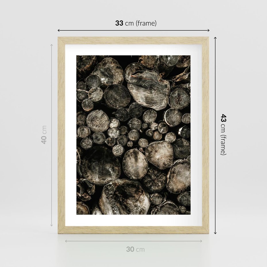Plakat w ramie 30x40 - Stos Drewna - kłody drewna, pociete drweno - rama drewno