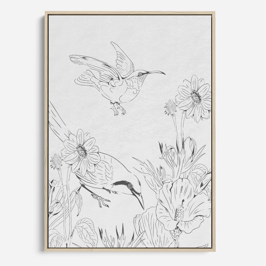 Obraz w ramie 80x120 - Tropiki w Monochromie - czarno biały szkic, tropikalne ptaki - rama drewno