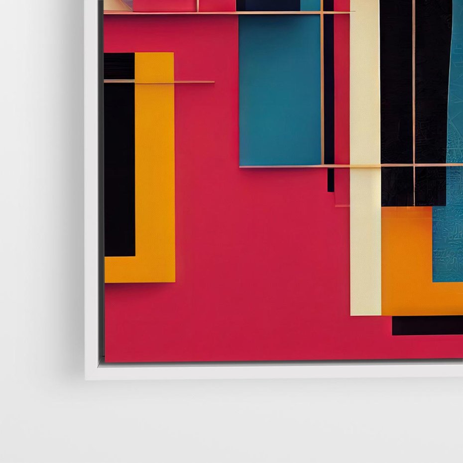 Obraz w ramie 80x80 - Przejście przez labirynt myśli - kolorowa abstrakcja, instalacja z prostokątów i lini - rama biała