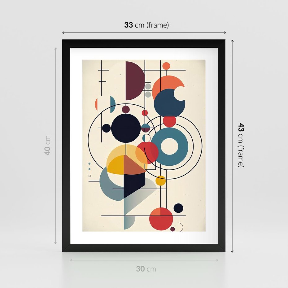 Plakat w ramie 30x40 - Rozbijające Barwne Granice - abstrakcyjna geometryczna kompozycja, koła linie - rama czarna