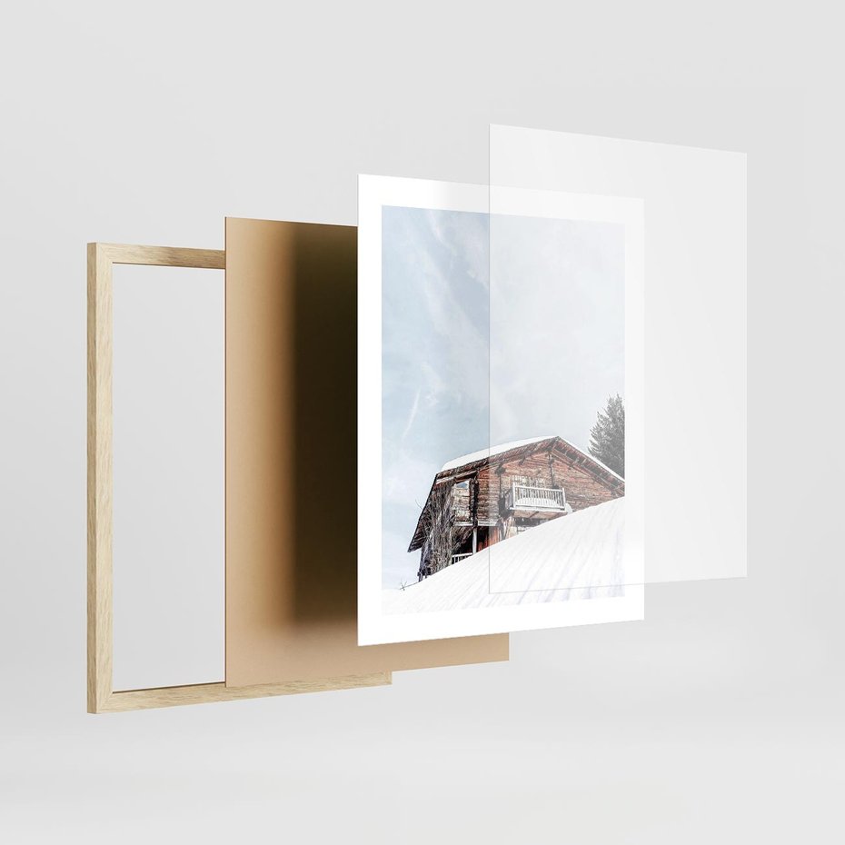 Plakat w ramie 40x50 - Spokój Górskiej Zimy - chatka w górach, domek górski - rama drewno