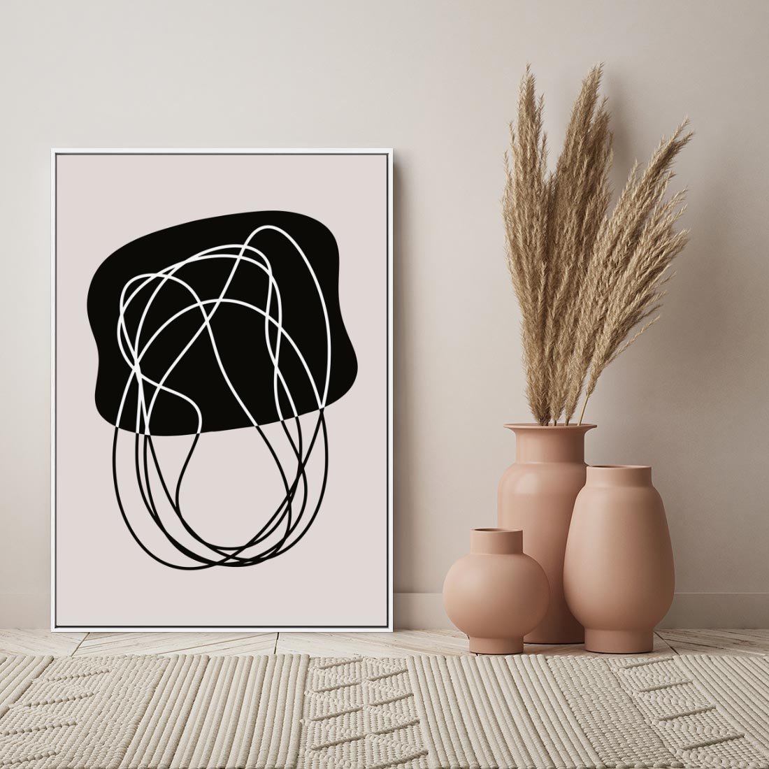 Obraz w ramie 70x100 - Abstrakcyjne Harmonie - abstrakcyjne szkicowane linie, minimalizm - rama biała