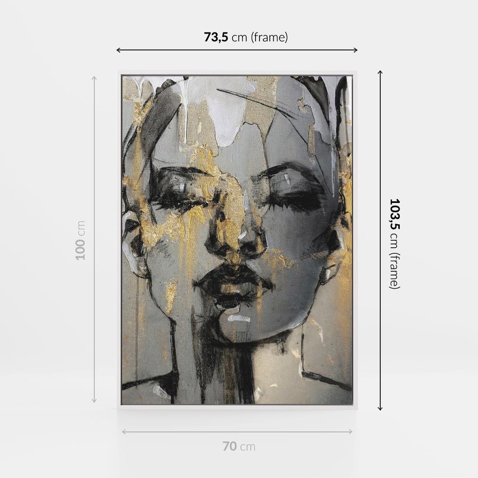 Obraz w ramie 70x100 - Kobieta - Abstrakcyjne Malowidło - złote, usta abstrakcja - rama biała