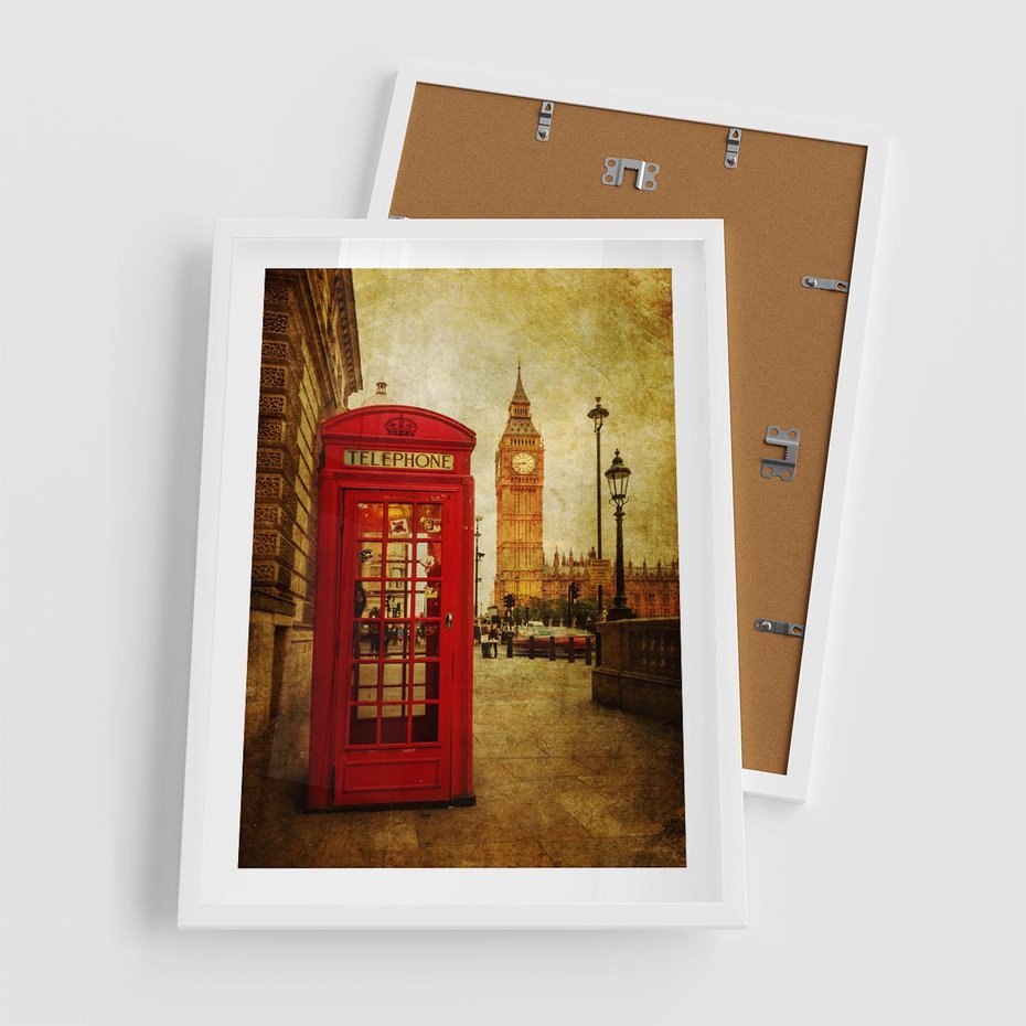 Plakat w ramie 50x70 - Ikoniczna budka telefoniczna w Londynie - sepia, budka - rama biała
