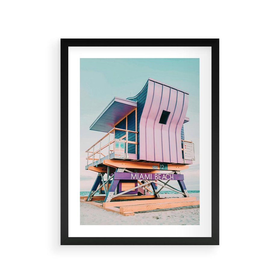 Plakat w ramie 30x40 - Miami Beach - plaża miami, domek ratownika - rama czarna
