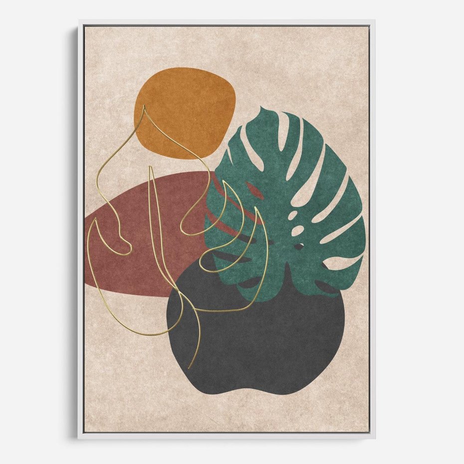 Obraz w ramie 80x120 - Akwarelowa Magia Liści - grafika, styl mid century - rama biała