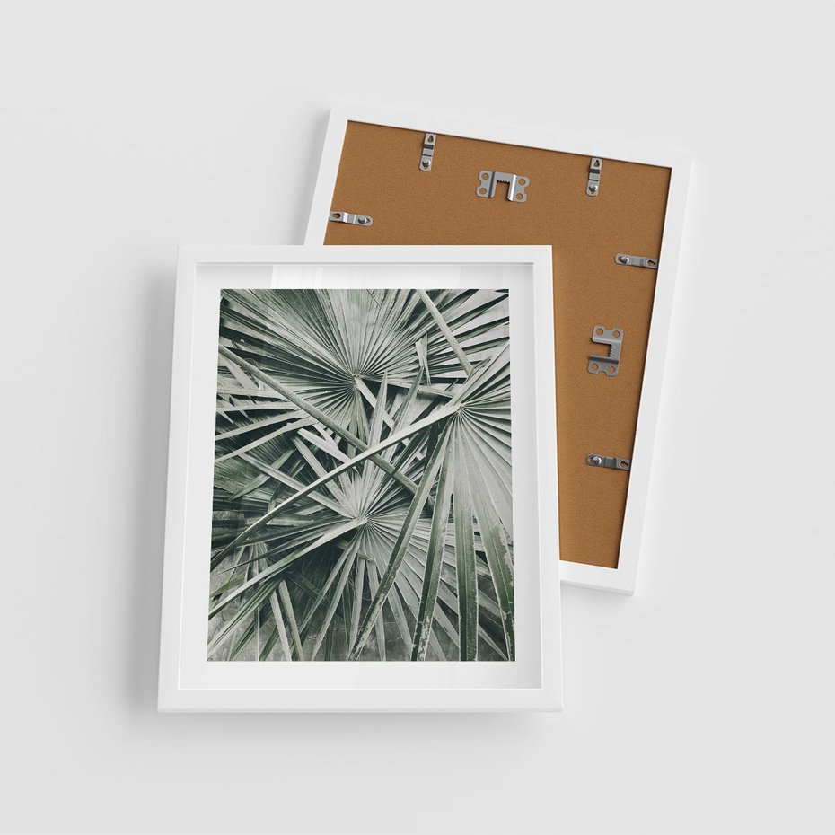 Plakat w ramie 40x50 - Palmy w Zgaszonej Zieleni - palmy, tropikalne liście - rama biała