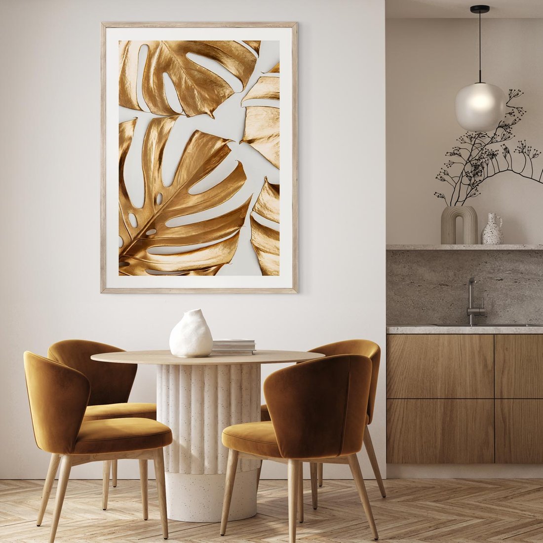 Plakat w ramie 40x50 - Złote Akcenty w Fotografii - złotel liście monstery, na białym tle - rama drewno
