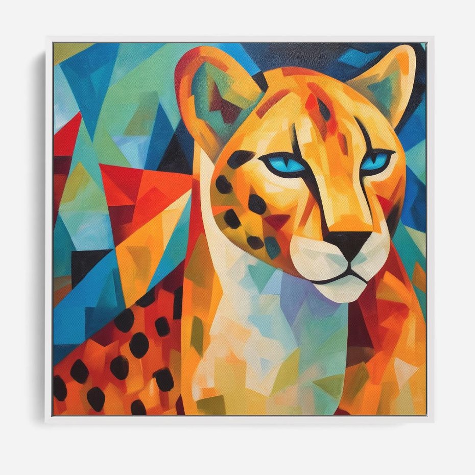 Obraz w ramie 50x50 - Dzikie Piękno - abstrakcyjny portret geparda, intensywne kolory - rama biała
