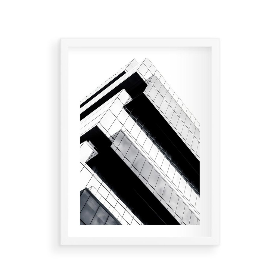 Plakat w ramie 30x40 - Nowoczesna Surowość: Wieżowiec na Czarno-Białej Grafice - architektura, wieżowiec - rama biała