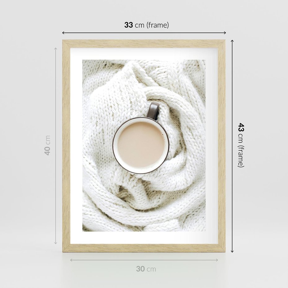 Plakat w ramie 30x40 - Kawa na Wełnianym Kocu - kawa, biały wełniany koc - rama drewno