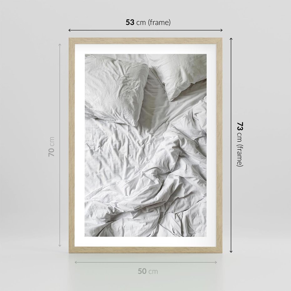 Plakat w ramie 50x70 - Biała Pościel na Łóżku - biała pościel, łóżko - rama drewno