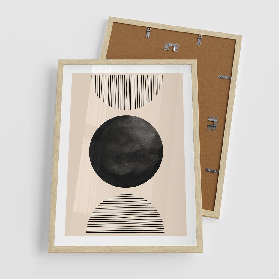 Plakat w ramie 50x70 - Minimalizm w Kształtach - geometryczny graficzny obraz, czarne koło - rama drewno