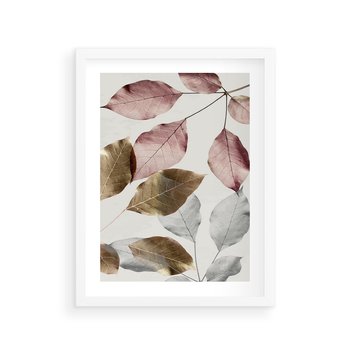 Plakat w ramie 30x40 - Pastelowe Liście z Nutką Złota - liście, pastelowe kolory - rama biała