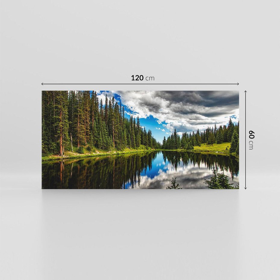 Obraz na płótnie 120x60 - Spokój nad jeziorem wśród lasu - las, jezioro