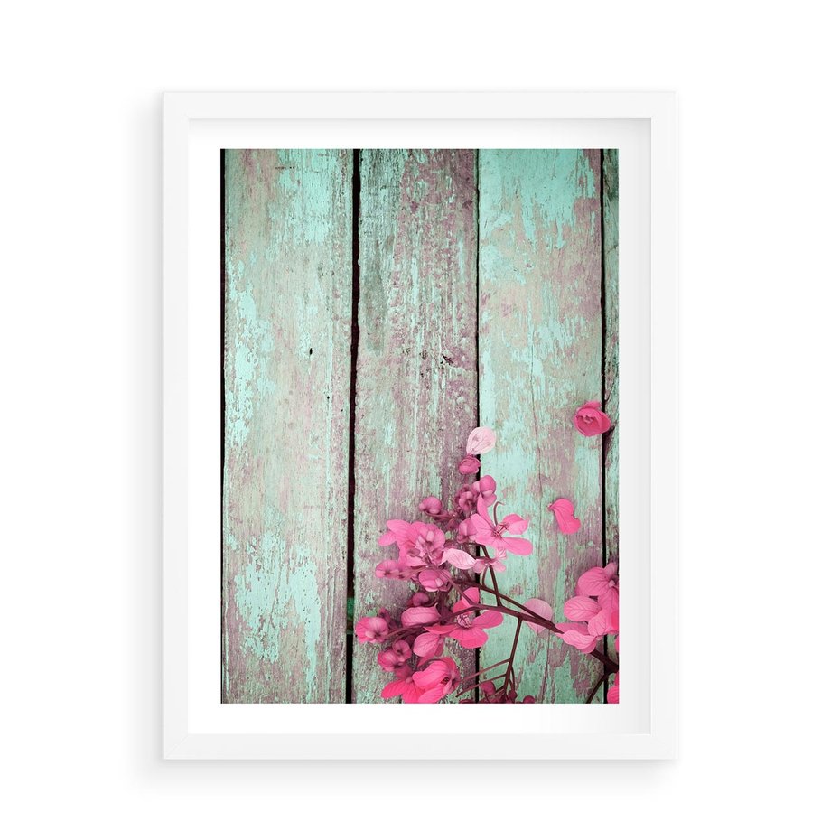 Plakat w ramie 50x70 - Urok Dawnych Czasów - kwiaty, deski - rama biała