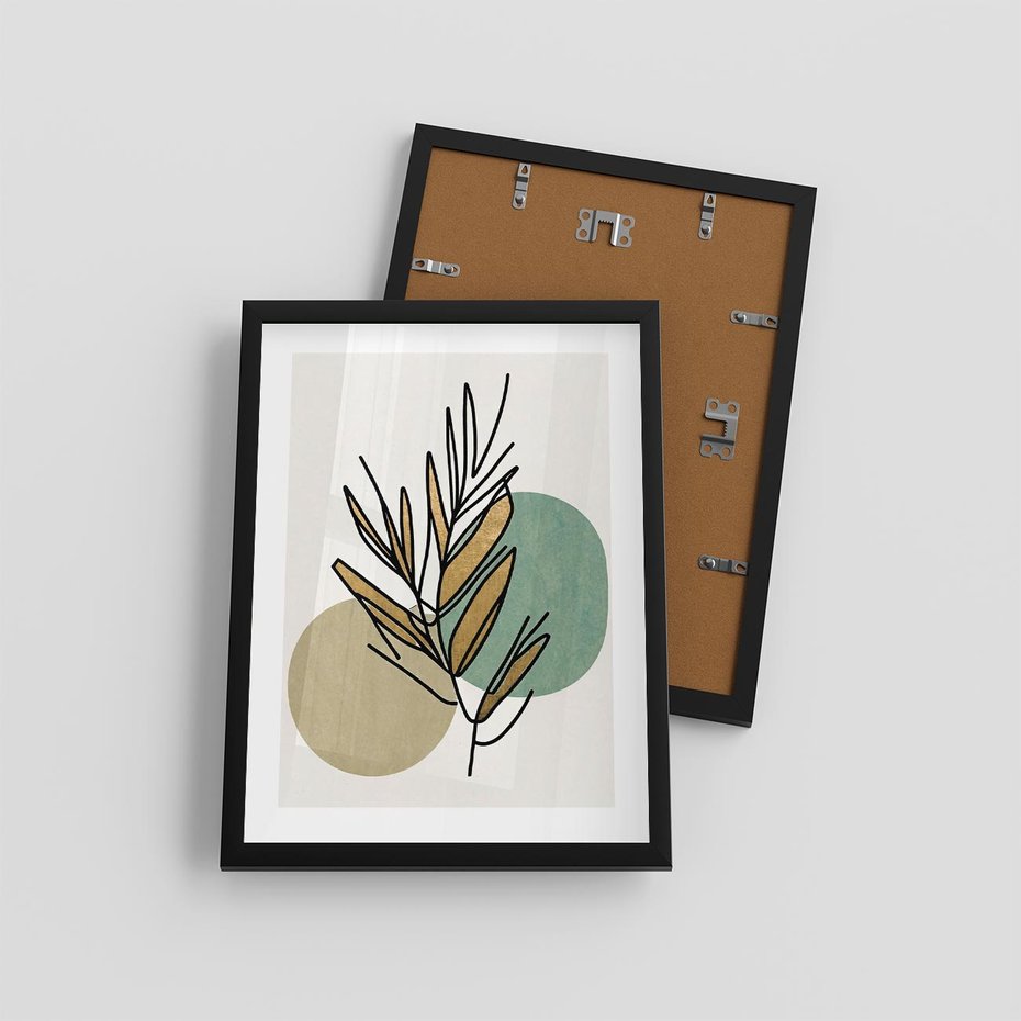 Plakat w ramie 30x40 - Migocące Ścieżki Wizji - abstrakcyjny obraz boho, liście - rama czarna