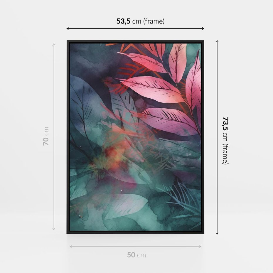 Obraz w ramie 50x70 - Subtelne Zielone - pastelowe zielone liście, róż - rama czarna