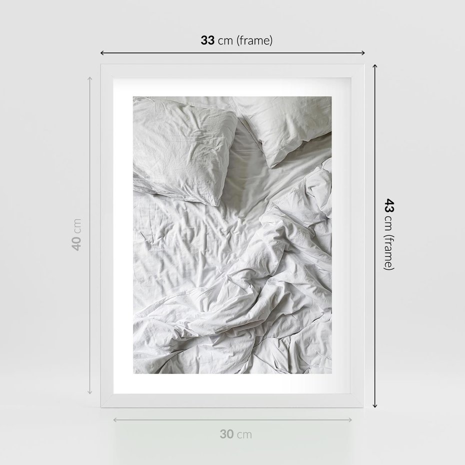 Plakat w ramie 30x40 - Biała Pościel na Łóżku - biała pościel, łóżko - rama biała
