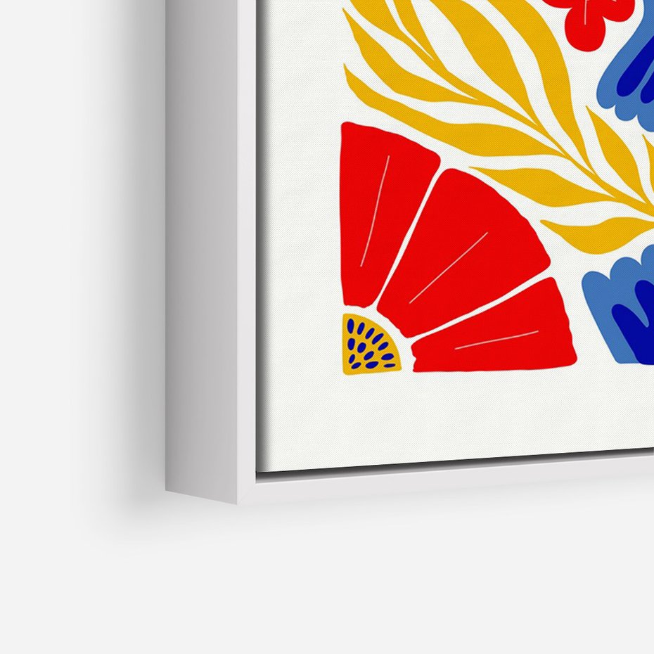 Obraz w ramie 50x70 - Eklektyczny Majestat - wyrazista grafika, mocne kolory czerwień niebieski żółty - rama biała