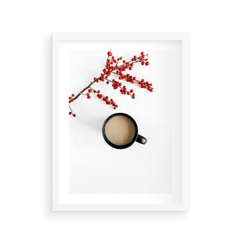 Plakat w ramie 30x40 - Filiżanka Kawy z Gałązką Jarzębiny - kawa, gałązka jarzębiny - rama biała